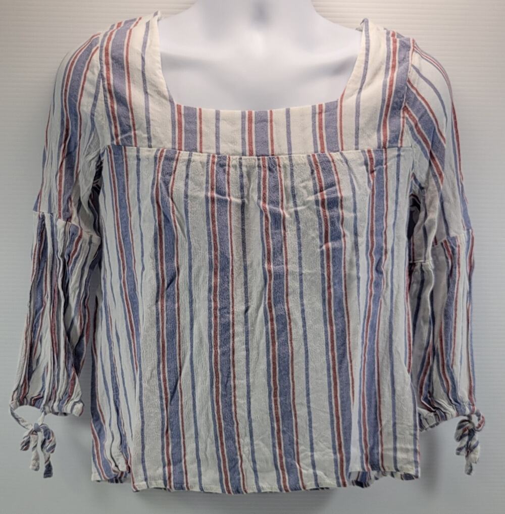 I3) Hiatus Woman Square Neck Slit Sleeve Striped Shirt Top Medium